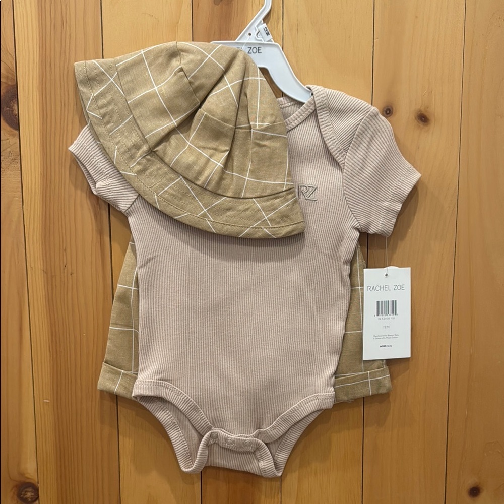 Rachel Zoe Ribbed Baby Bodysuit and Plaid Hat - Beige